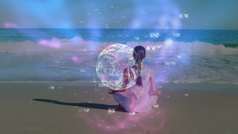 animation of globe and numbers over caucasian woman meditating at beach