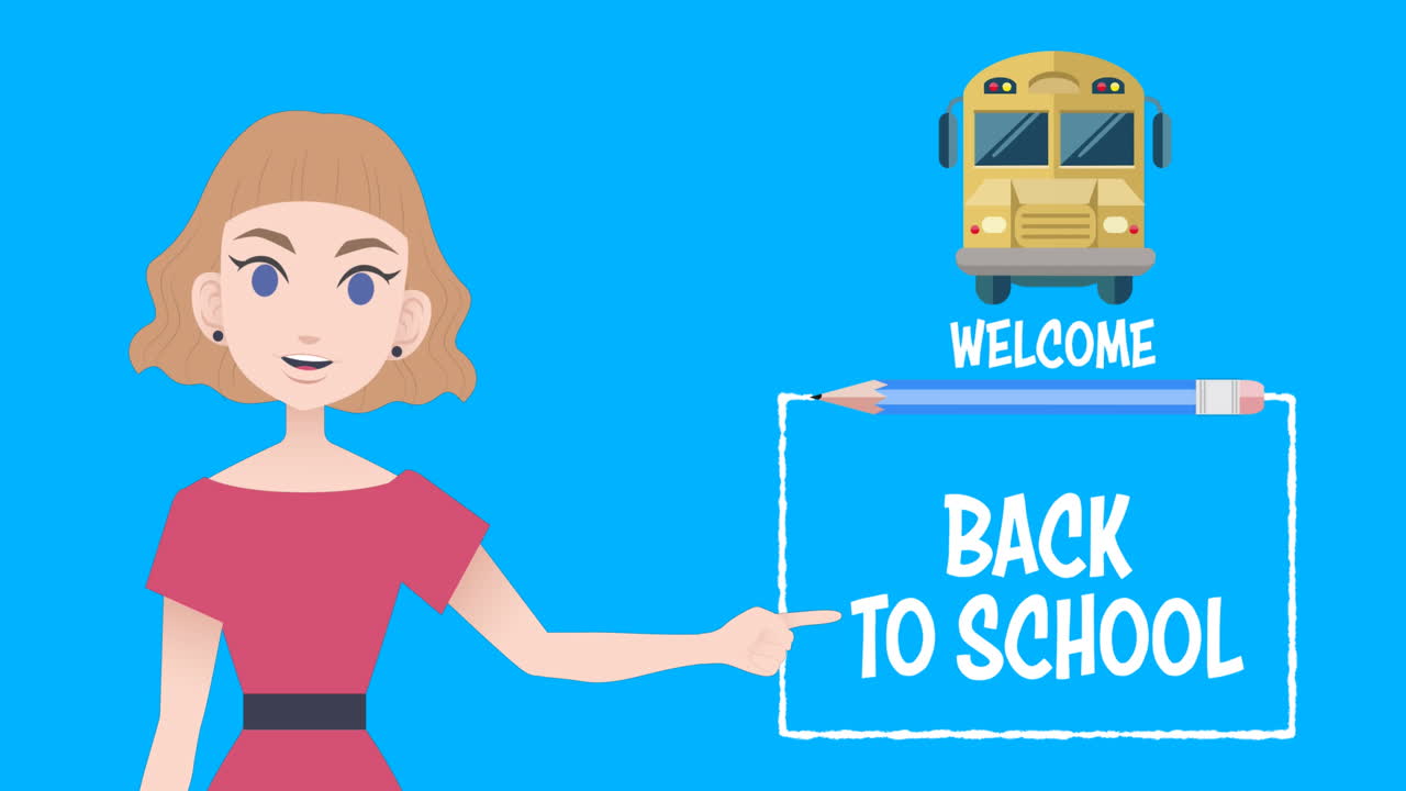 학교 텍스트로 돌아가는 여성의 애니메이션