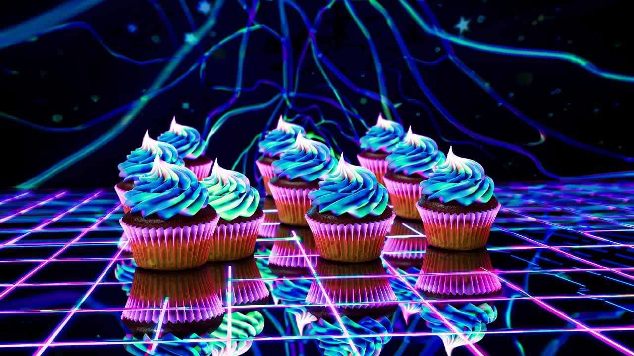 pasteles de neón en un fondo de cuadrícula retro