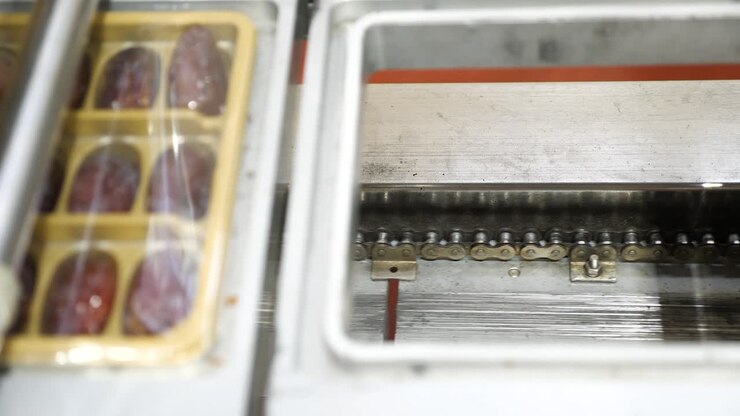 High quality Medjool dates in deluxe packages on automatic conveyor, close up