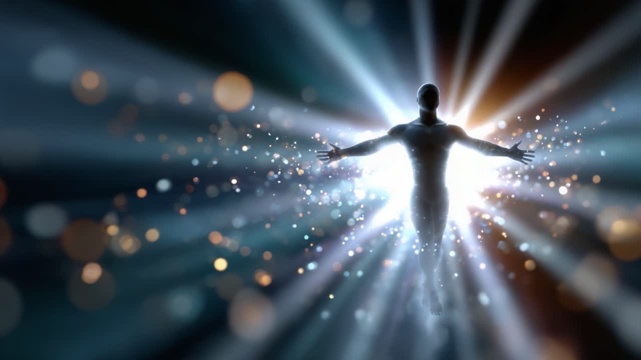 A figure emerges from a radiant light, surrounded by shimmering particles in a dynamic display of energy and vibrant colors that inspire a sense of transcendence