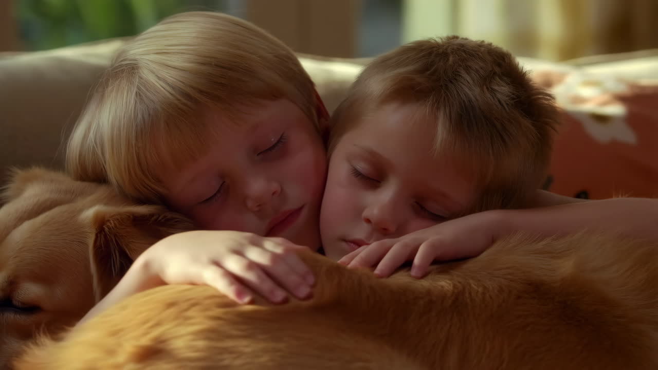 Two boys and their golden retriever dog sleeping peacefully