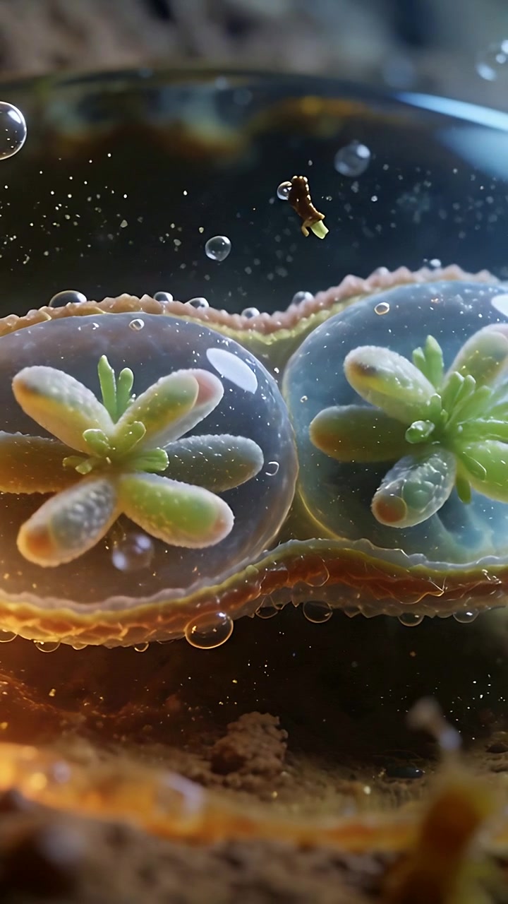 Vertical video: Growing capsule pair making buds in lab as light shifts with bubbles, brown flake