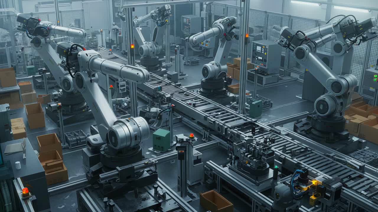 An Advanced Automation Facility Featuring Robotic Arms and an Efficient Conveyor System for Streamlined Manufacturing and Package Handling Processes