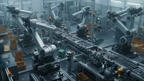 an advanced automation facility featuring robotic arms and an efficient conveyor system for streamlined manufacturing and package handling processes