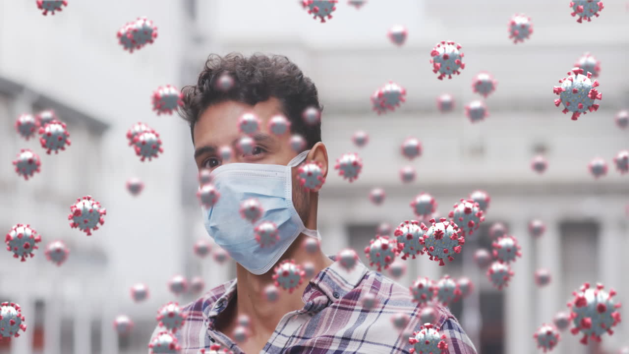 animación de células de covid 19 sobre un hombre caucásico que usa una máscara facial