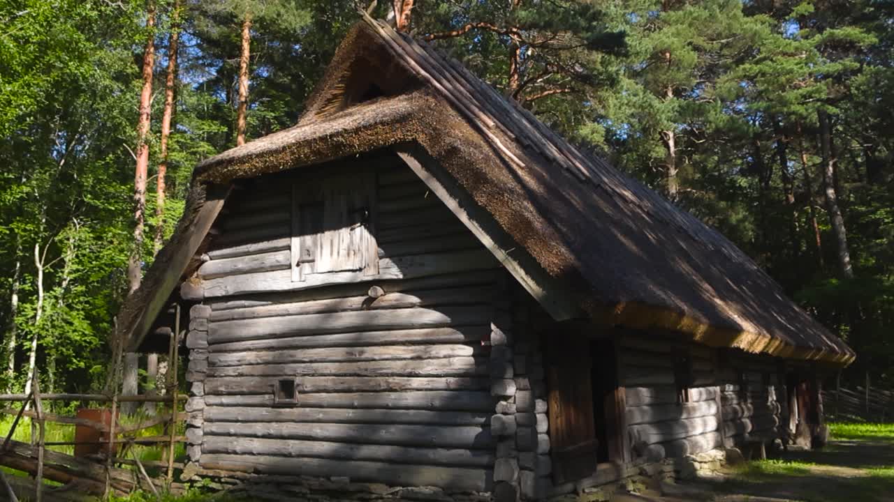 Traditional log building with thatch roofing in forest summer nature background. Weathered wooden walls in old farm building, surrounded by tall trees and rustic wooden fence. Sunlight casting shadows