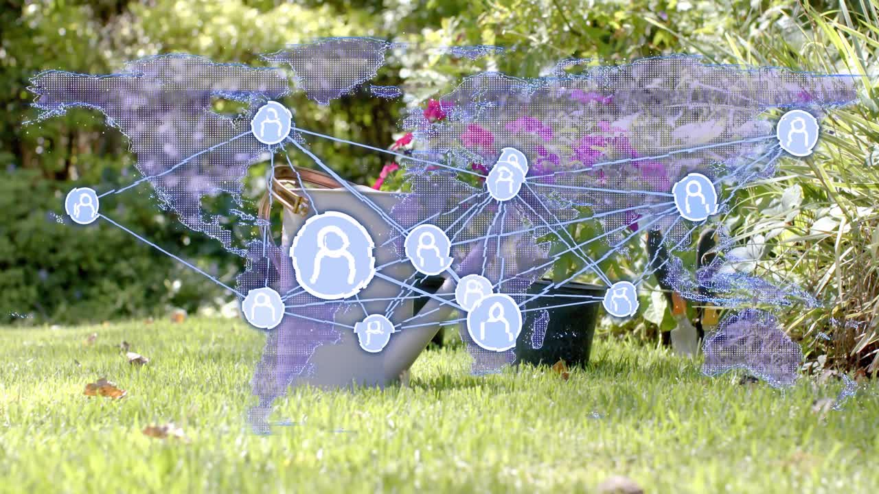 Purple overlay fading in showing net nodes grouping and linking over garden, revealing can and pot