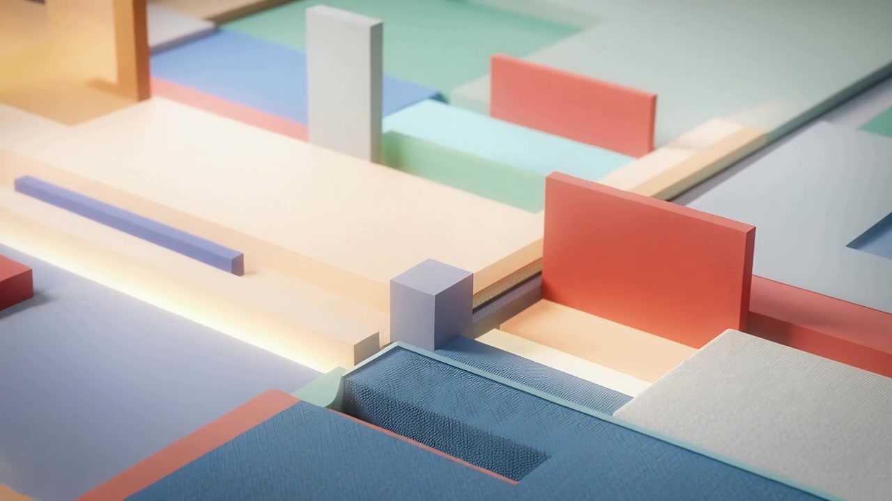 Pulling back camera revealing colored blocks sliding along channels, exposing rising clear panes