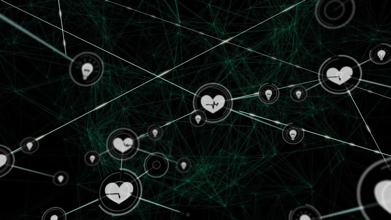 Heart and light bulb icons floating across digital network, linking nodes with glowing green lines