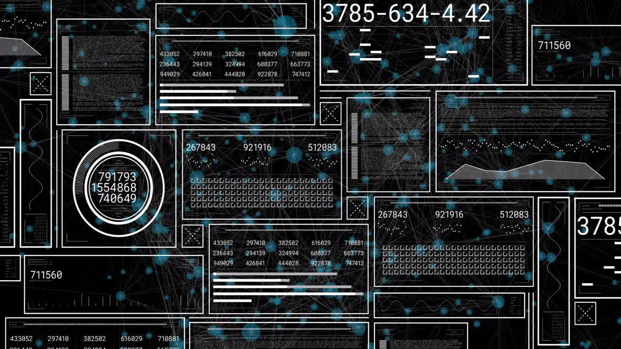 Digital data and network connections animation over various technical interface elements