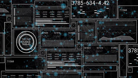 animación de conexiones digitales de datos y de red sobre varios elementos de interfaz técnica