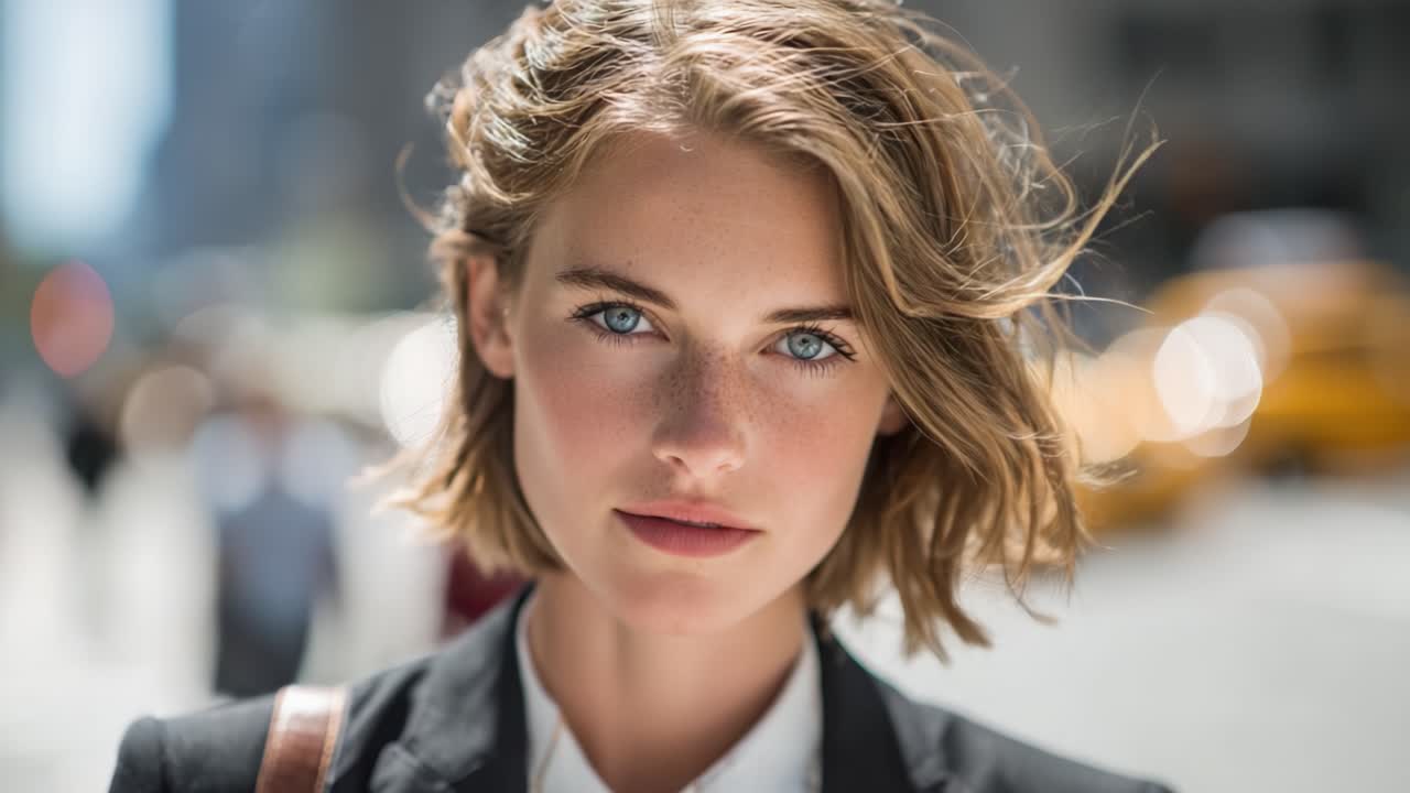 Una Giovane Donna Professionista Sicura di Sé Mostra i Suoi Seducenti Occhi Blu e la Sua Bellezza Naturale in un Ambiente Urbano Affollato, Sottolineando Stile ed Eleganza