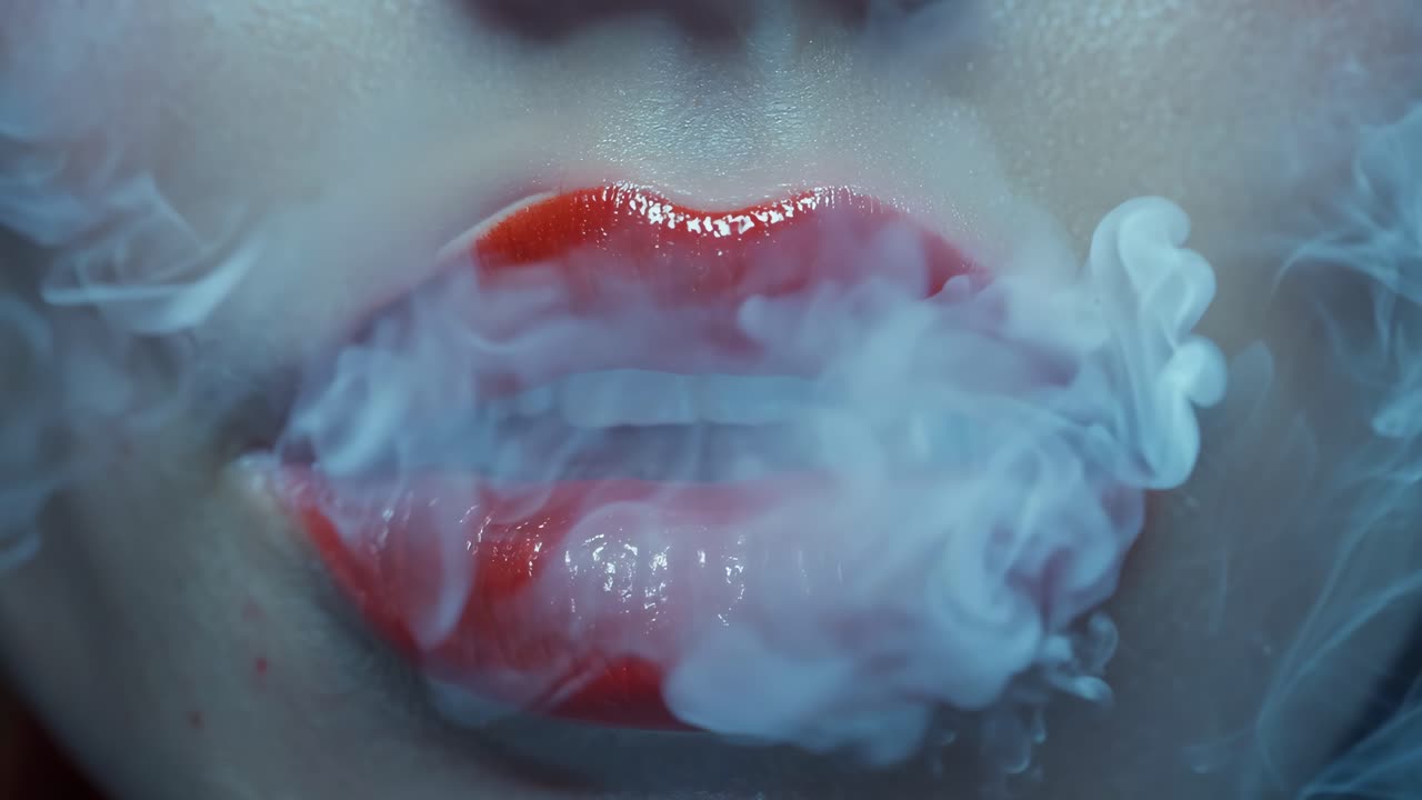 A woman's lips are painted red and she is surrounded by smoke. Concept of mystery and intrigue, as the woman's lips seem to be the focal point of the scene. The smoke adds an element of danger