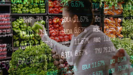 picking vegetables in grocery store, financial data animation over fresh produce