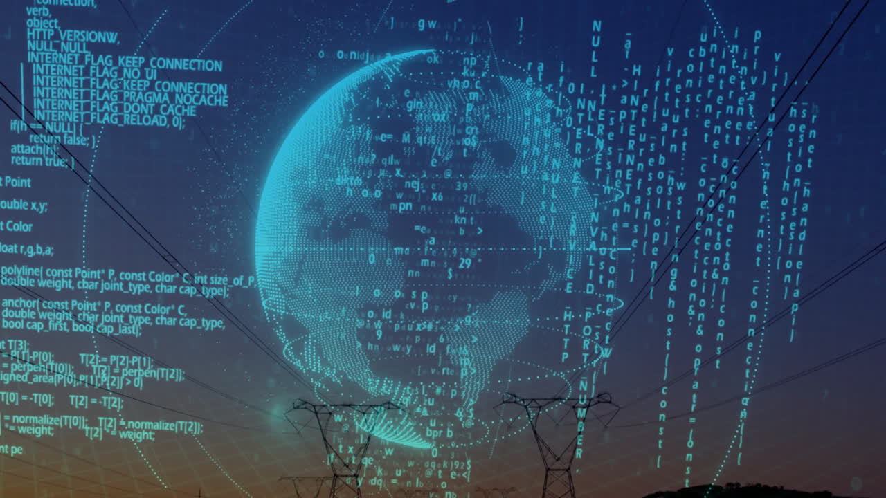 Animation of digital globe with binary code over power lines at sunset