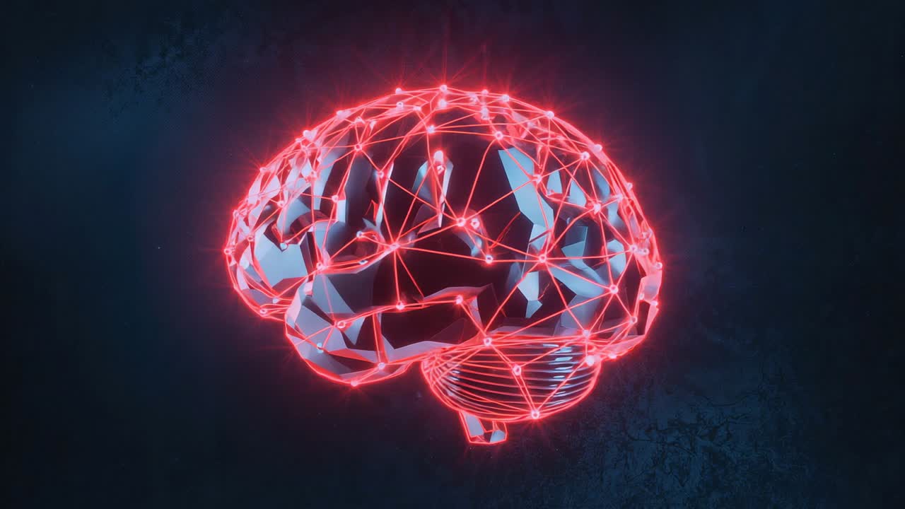 Starting holographic brain model rotating in studio for revealing lattice, with glowing nodes