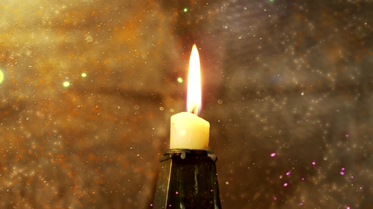 Burning candle on the background of outer space. Animation with the concept of magic.