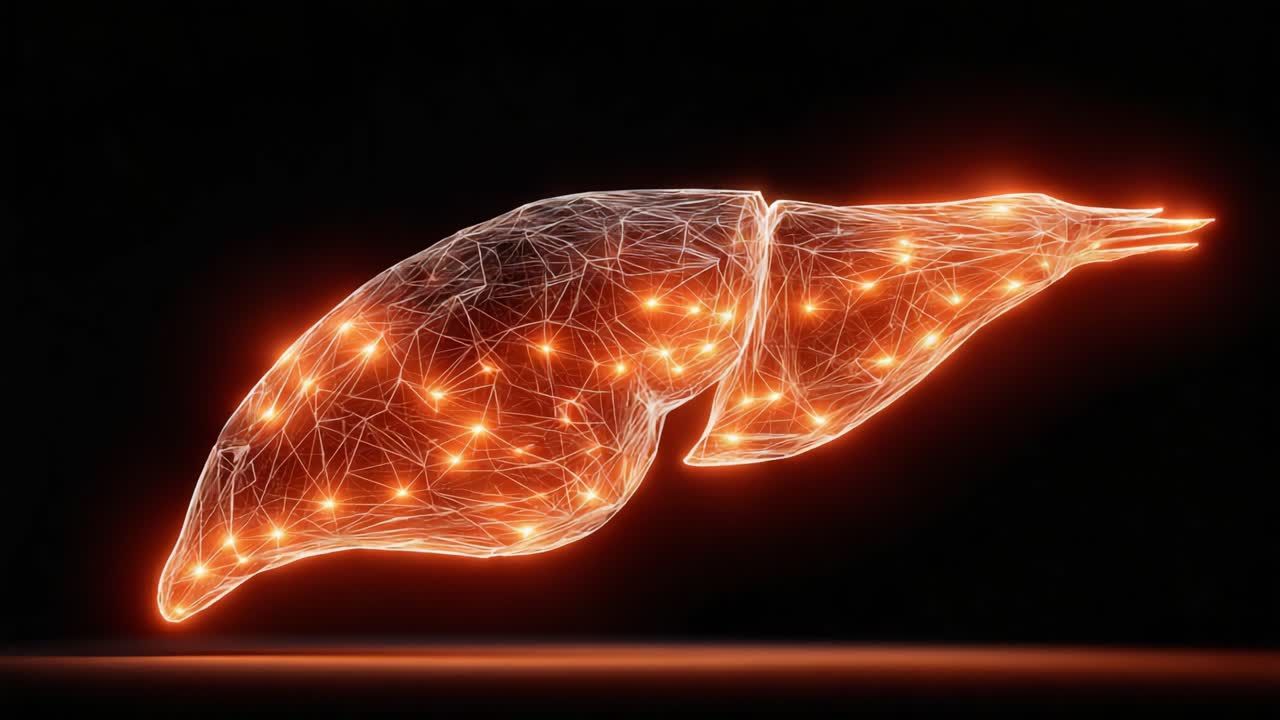 A Glowing Representation of the Human Liver Highlighting Its Complex Structure and Function in a Stunning Digital Visualization