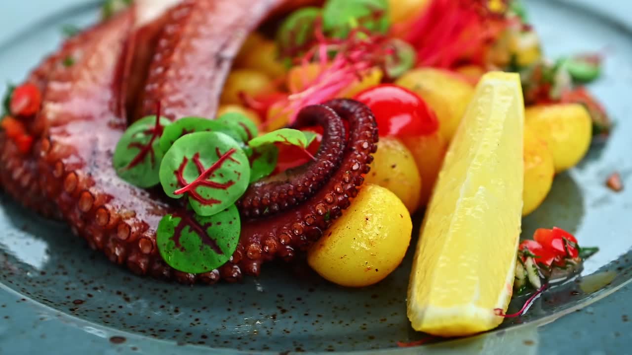 Polpo cucinato con erbe aromatiche e verdure su un piatto per un pasto. Il polpo viene cucinato e servito su un piatto con erbe aromatiche e verdure colorate.