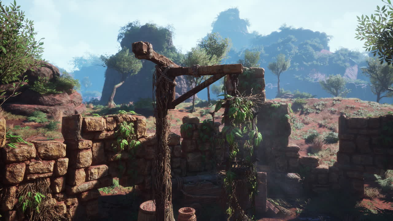 울창 한 초록색 으로 둘러싸인 고대 석조 건축물 의 경치 가 아름답다