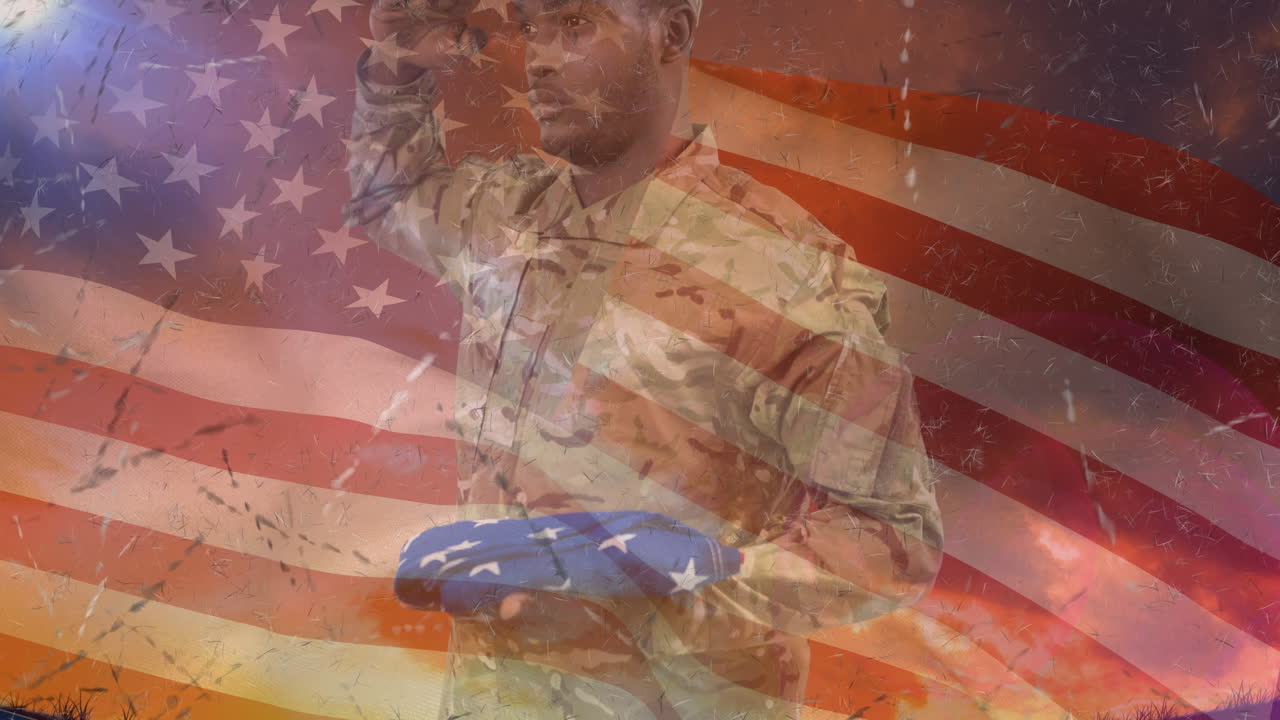 Animation of soldier saluting over american flag