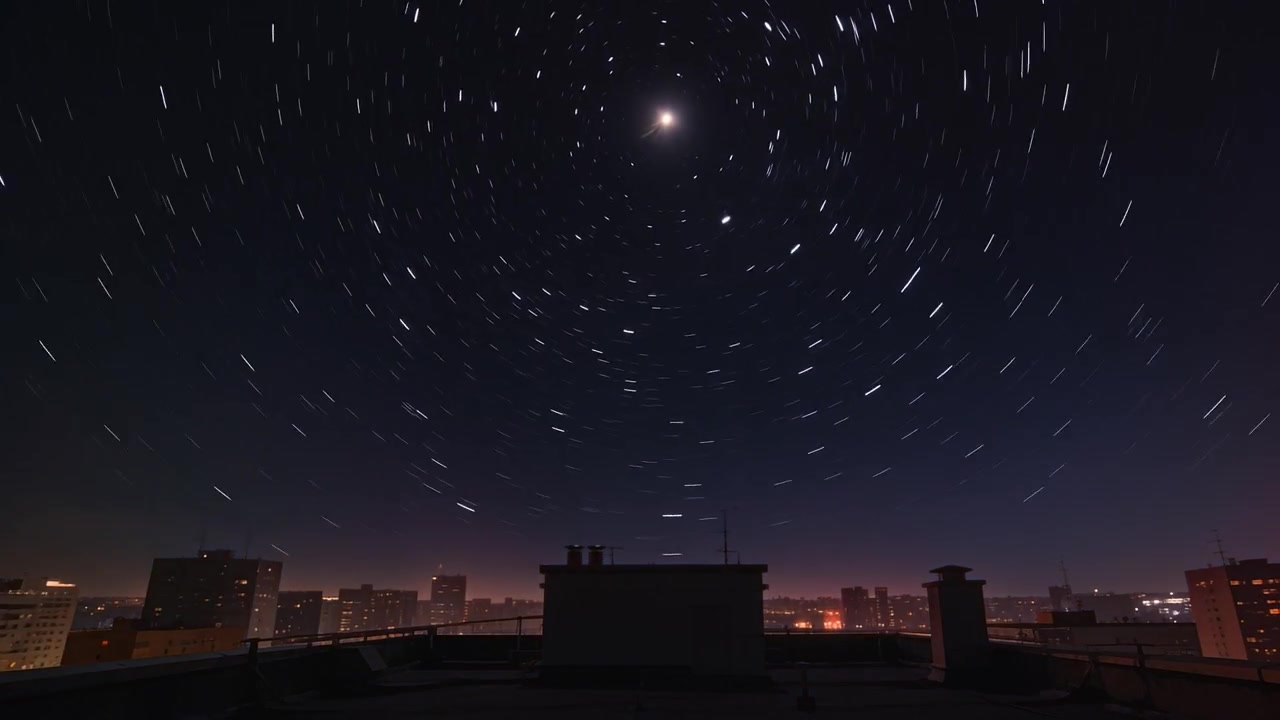 Avvio di un timelapse, stelle che formano scie curve orbitando una stella luminosa sopra le prese d'aria del tetto, mostrando il passare del tempo
