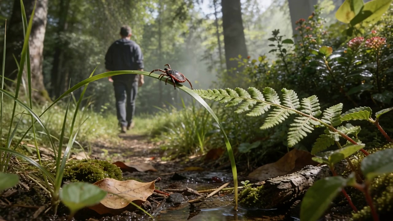 Uomo che cammina con felpa e stivali, con un insetto simile a una zecca che costeggia una lama curva su un sentiero nel bosco.