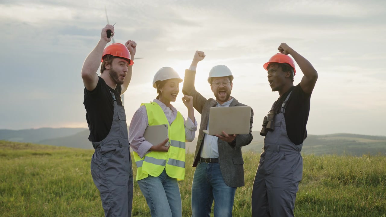 A diverse group of engineers collaborates near wind turbines at sunset their teamwork highlights