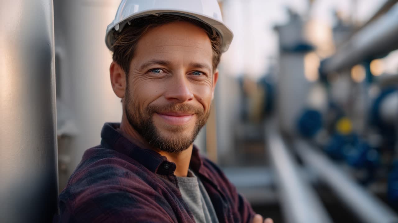A confident worker wearing a safety helmet smiles warmly, showcasing dedication and pride in a busy industrial environment filled with machinery and equipment