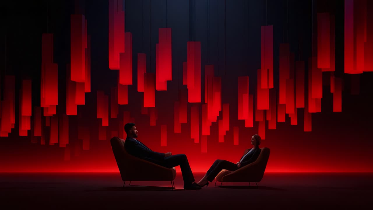 Two individuals engaged in a deep conversation, seated on modern chairs against a backdrop of vibrant red vertical lights, creating an intense and intimate atmosphere
