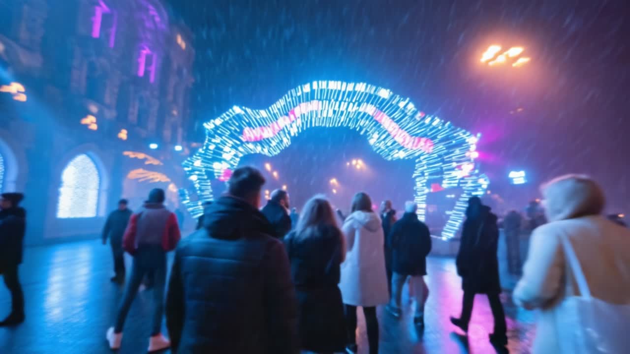 A Winter Wonderland Filled with Colorful Lights and Snowfall, Capturing the Festive Atmosphere as People Enjoy the Magic of the Season under an Illuminated Archway at Night