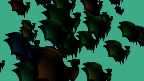 murciélago de halloween - concepto de halloween - murciélagos aleteando sus alas hacia arriba - loopable - cientos de murciélogos se apresuran hacia arriba - halloween - hallowayne murciélegos voladores bucle interminable - murciénago loopable - fondo azul - multicolor - y bandada de murciénagos