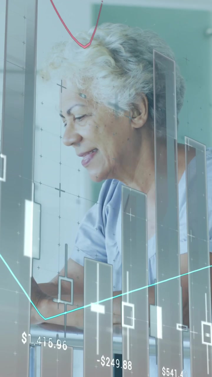 Animation of financial data processing over senior african american woman using smartphone