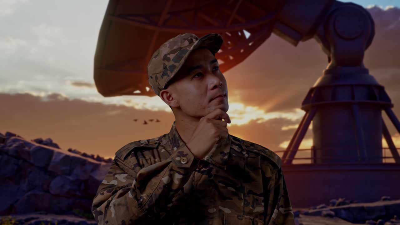 Close Up Of Asian Man Soldier Thinking And Looking Around Then Raising His Index Finger While Standing With Satellite Dish