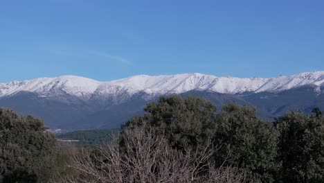 filming with a drone in the tiétar valley where we see a lateral flight of the fascinating forest that the valley has, we see treetops and in the background the mountains with their snow-capped peaks