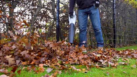 male worker using leaf blower to blow autumn leaves in slow motion