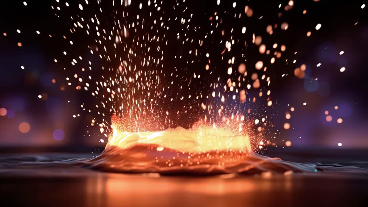 Un'eruzione infuocata scaturisce da una superficie fusa. Scintille volano verso l'alto in un'esplosione radiosa. Onde incandescenti si propagano su acque scure. Un'energia vibrante e caotica domina la scena scarsamente illuminata.
