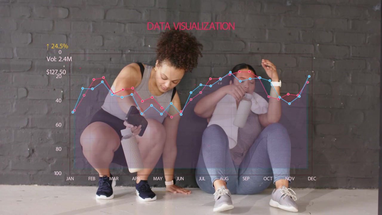 Fitness partners cooling, adjusting bottles, using phone while line chart overlaying hydration