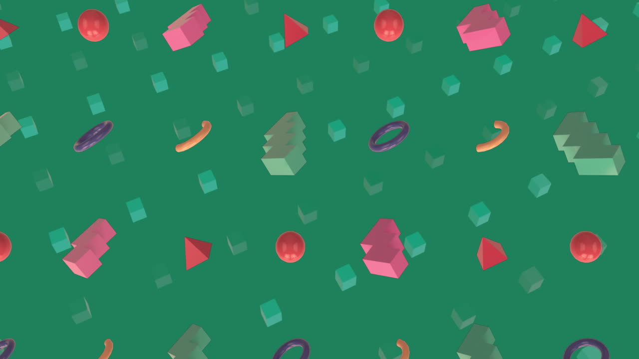animación de coloridas estructuras 3d flotando contra el espacio de copia en fondo verde.