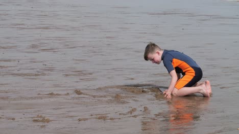 Young-boy-in-a-wetsuit-on-a-beach-digging-in-the-sand