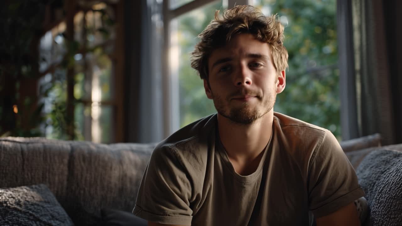 Young man looks troubled, hands on head. He sits on couch, eyes closed, in quiet room. Soft light streams through large window behind him. Mood is contemplative, intimate, slightly melancholic