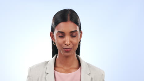 Business,-happy-woman-and-sign-of-peace-in-studio