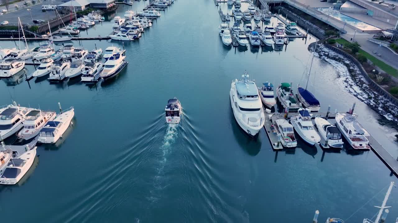 Boat Cruising On Thea Foss Waterway At Dusk In Tacoma, Washington