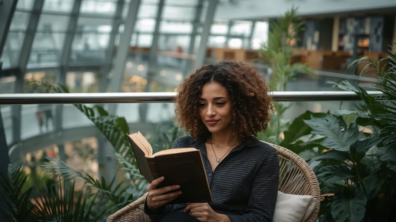 Femme lisant, vêtue d’un chemisier et assise dans un fauteuil en osier dans un atrium supérieur, tournant la page d’un livre à couverture rigide