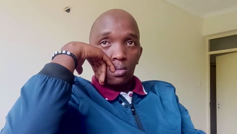 un hombre africano deprimido pensando profundamente tapándose la nariz