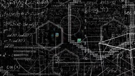 Multiple-digital-icons-over-mathematical-equations-and-diagrams-against-black-background