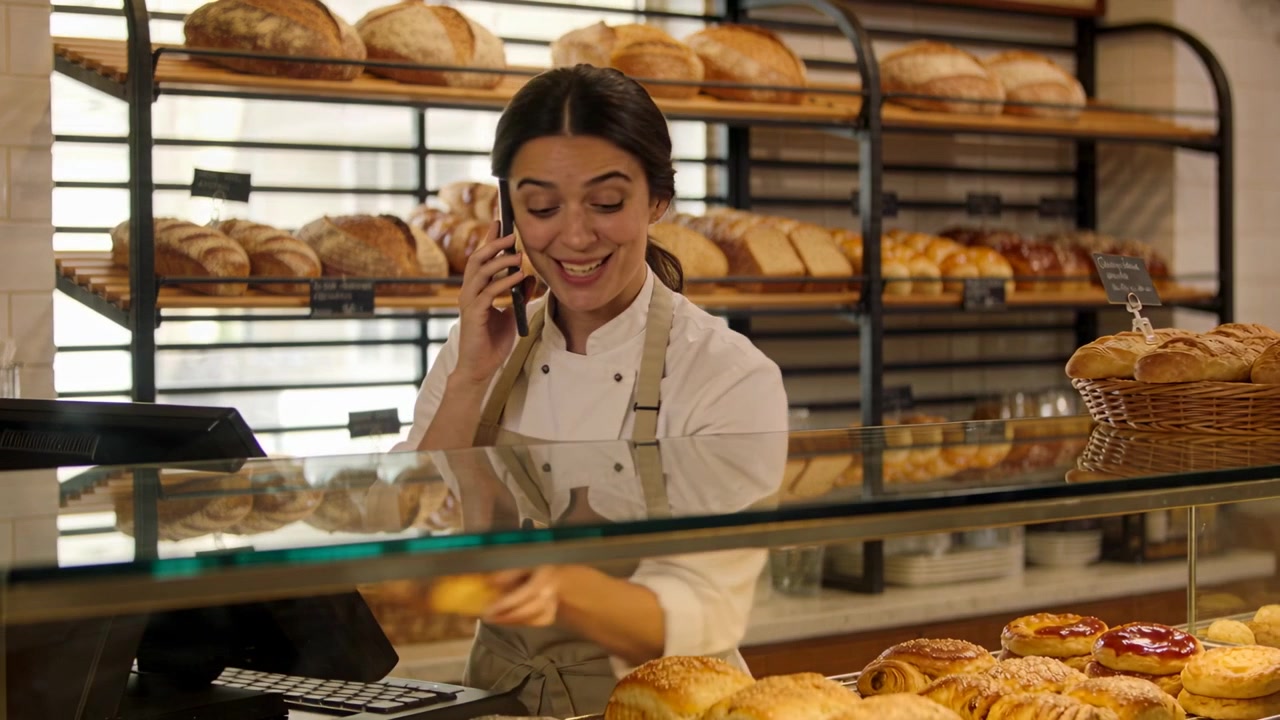 Al telefono, il fornaio al bancone si protende nella vetrina prendendo un dolce, indossando un grembiule da chef.