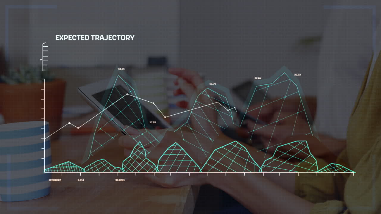 Animation of graph processing data over diverse colleagues using smartphones at casual office desk