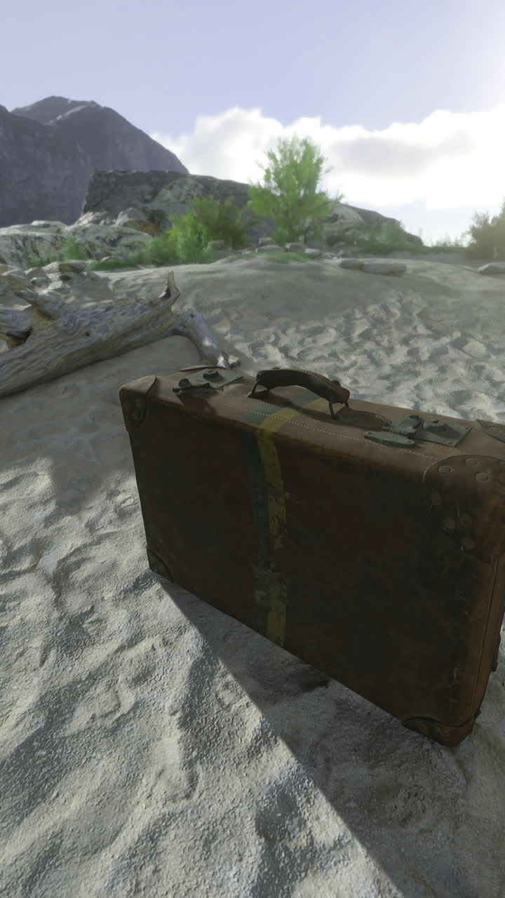 Vintage suitcase resting on sandy shore near tranquil water at sunset
